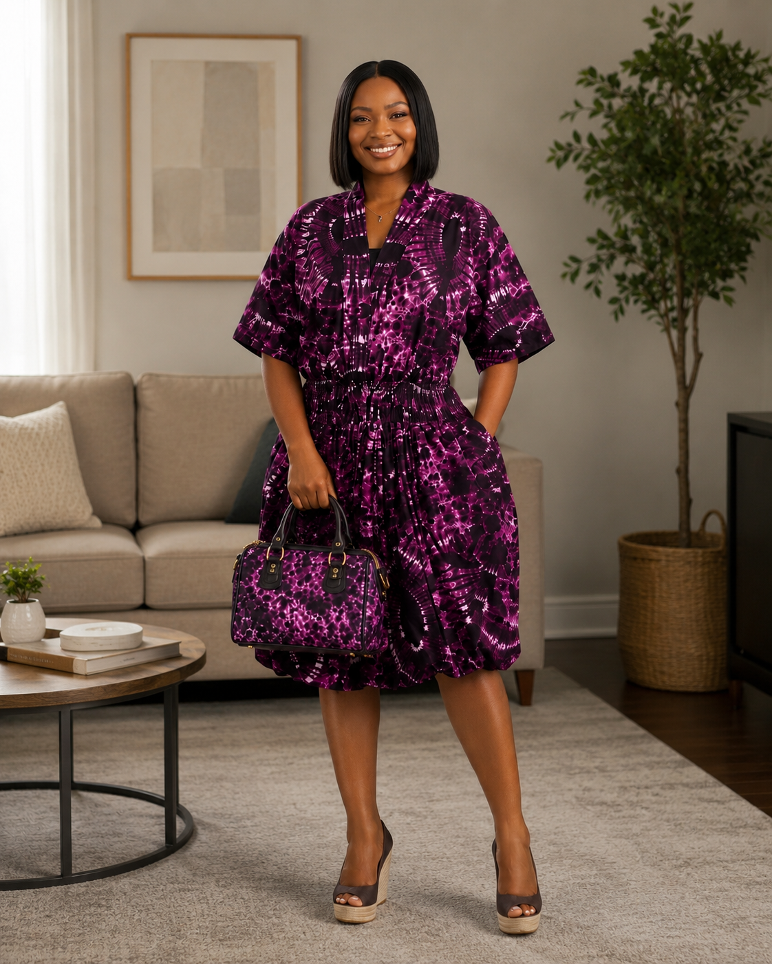 Women's Purple African Print Smocked Bubble Dress and Bag Set