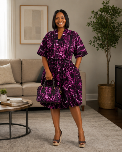 Women's Purple African Print Smocked Bubble Dress and Bag Set
