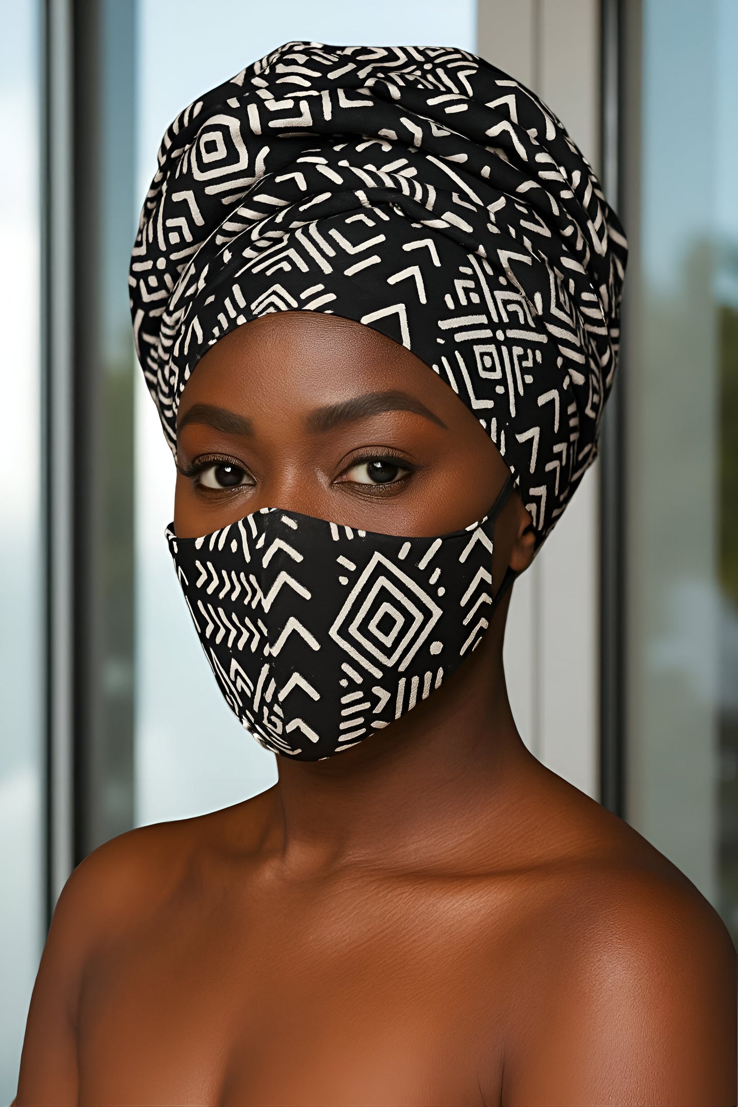 African Print Black/White Headwrap with Matching Mask