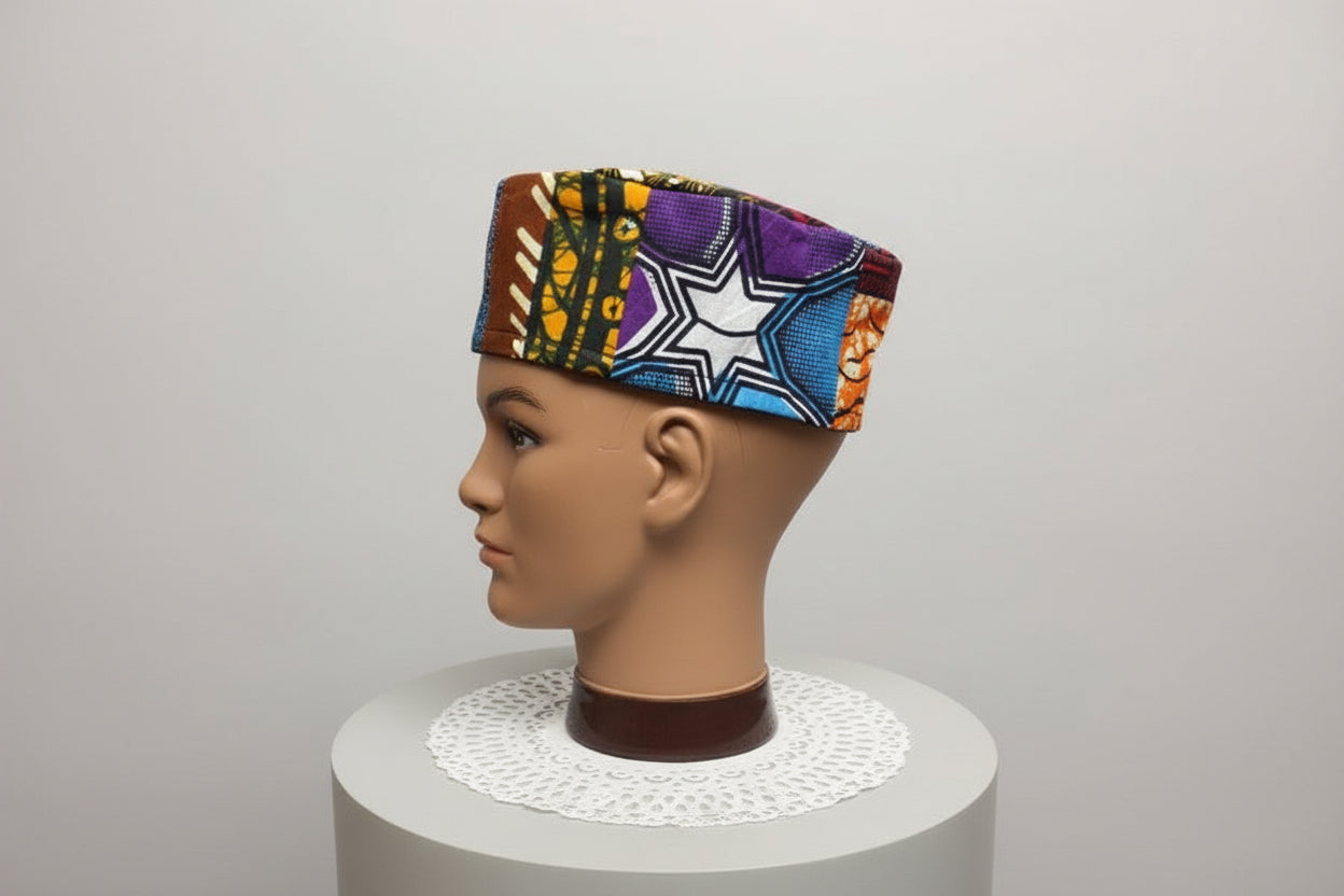 African Print Patchwork Kufi Hat – Multicolor Ankara Cap (B)
