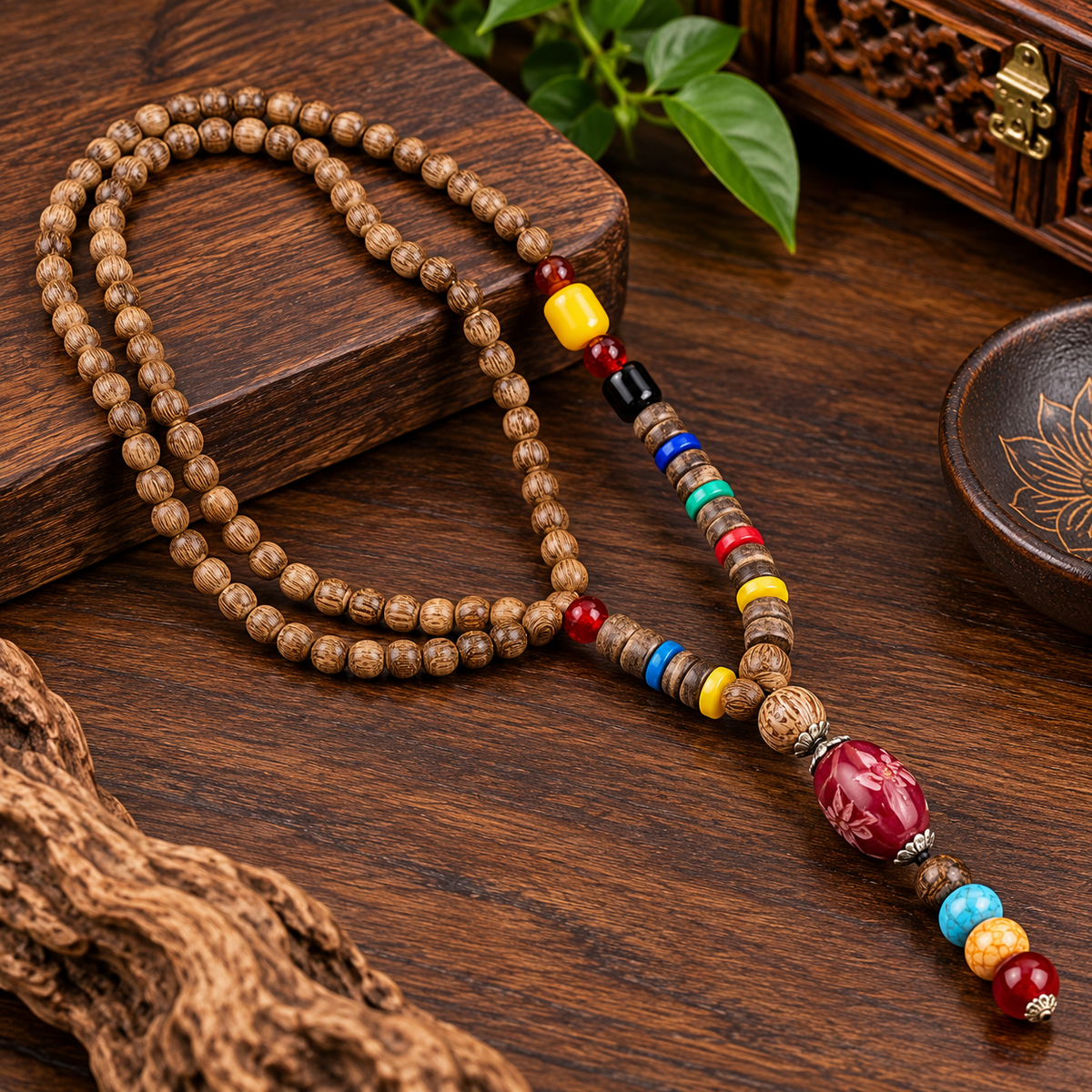 Men’s Vintage Tribal Wood Bead Pendant Necklace
