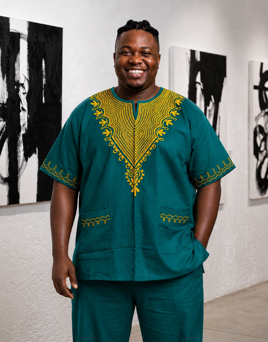 Teal Green African Dashiki Shirt with Matching Kufi Hat