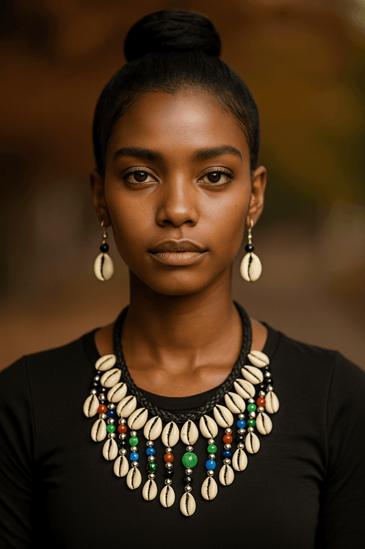 Multi-Color Beaded Cowrie Shell Necklace & Earring Set