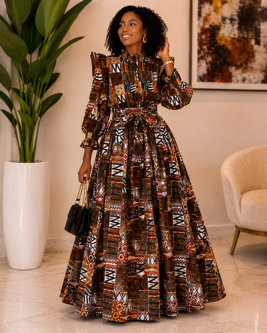African Inspired Earth Tone Print Top and Maxi Skirt Set