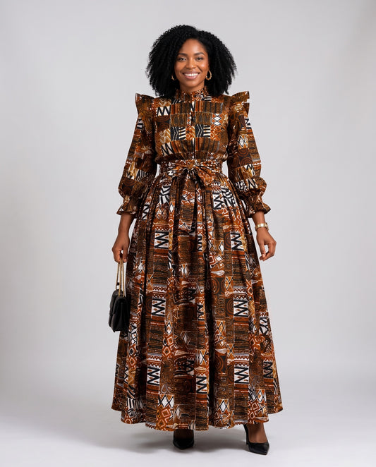 African Inspired Earth Tone Print Top and Maxi Skirt Set