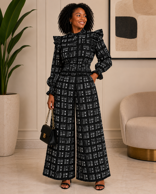 African Inspired Black Mud Print Top and Palazzo Pants Set