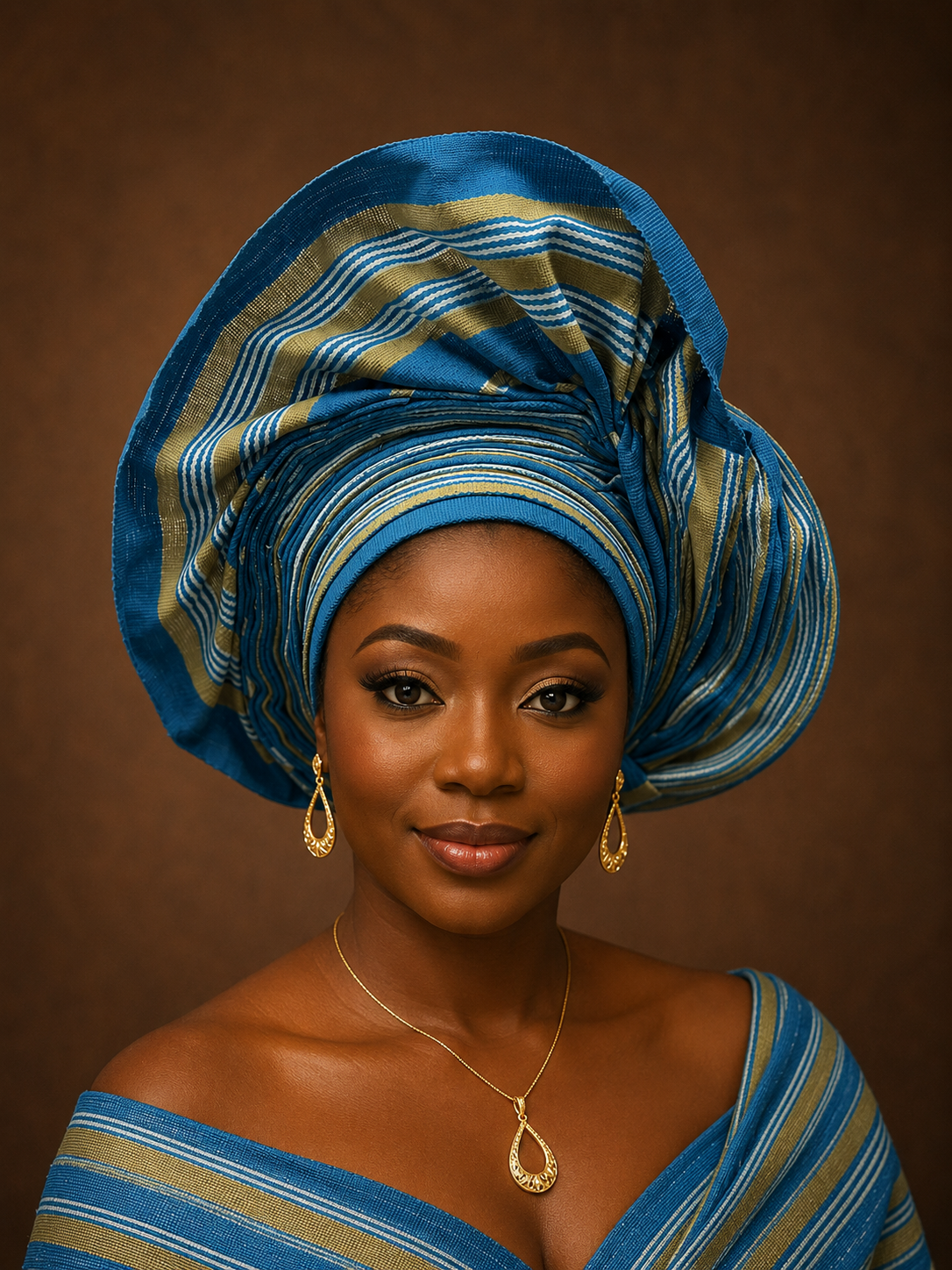 Royal Blue & Khaki Aso Oke Gele