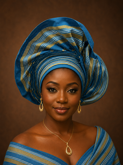 Royal Blue & Khaki Aso Oke Gele