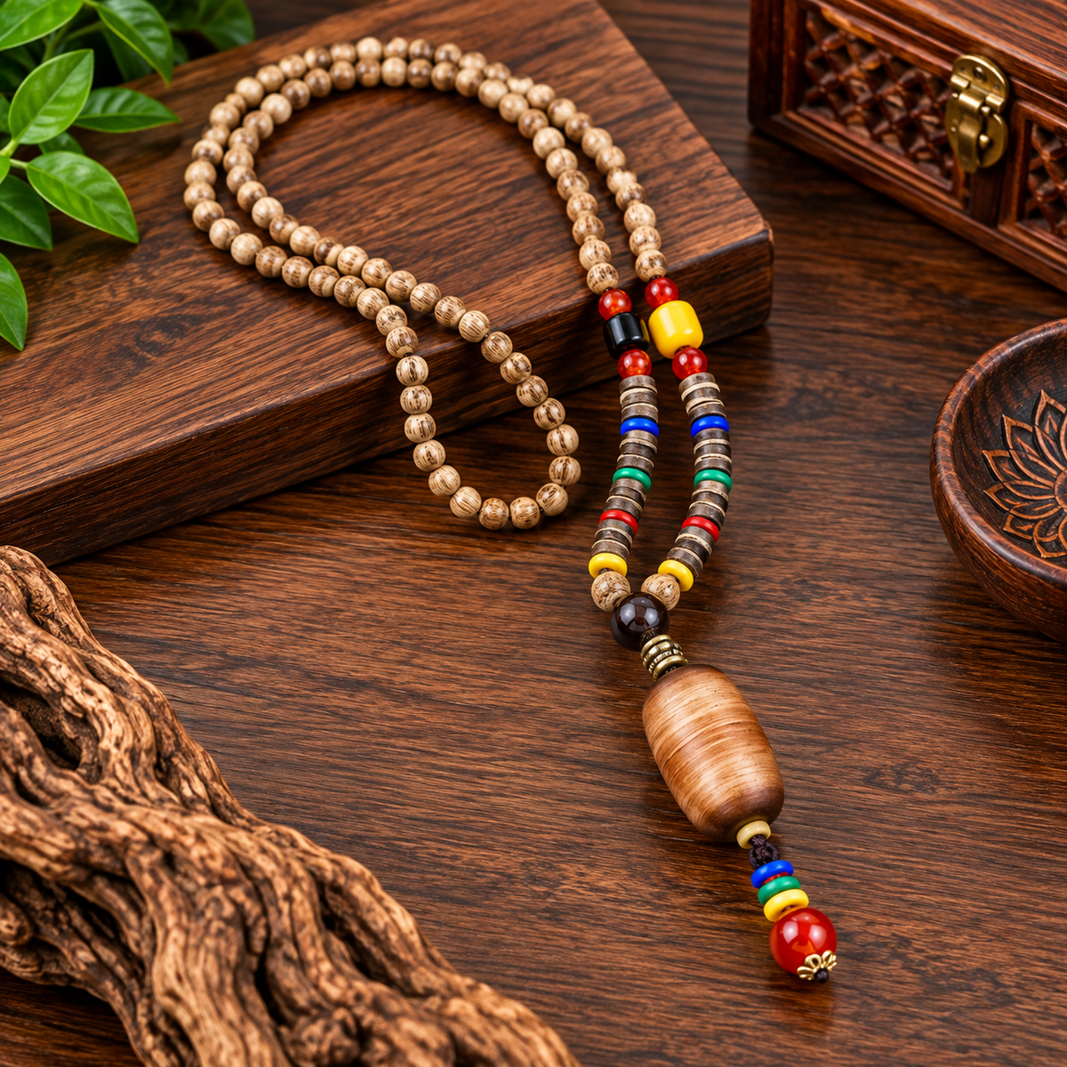 Men’s Vintage Tribal Wood Bead Pendant Necklace