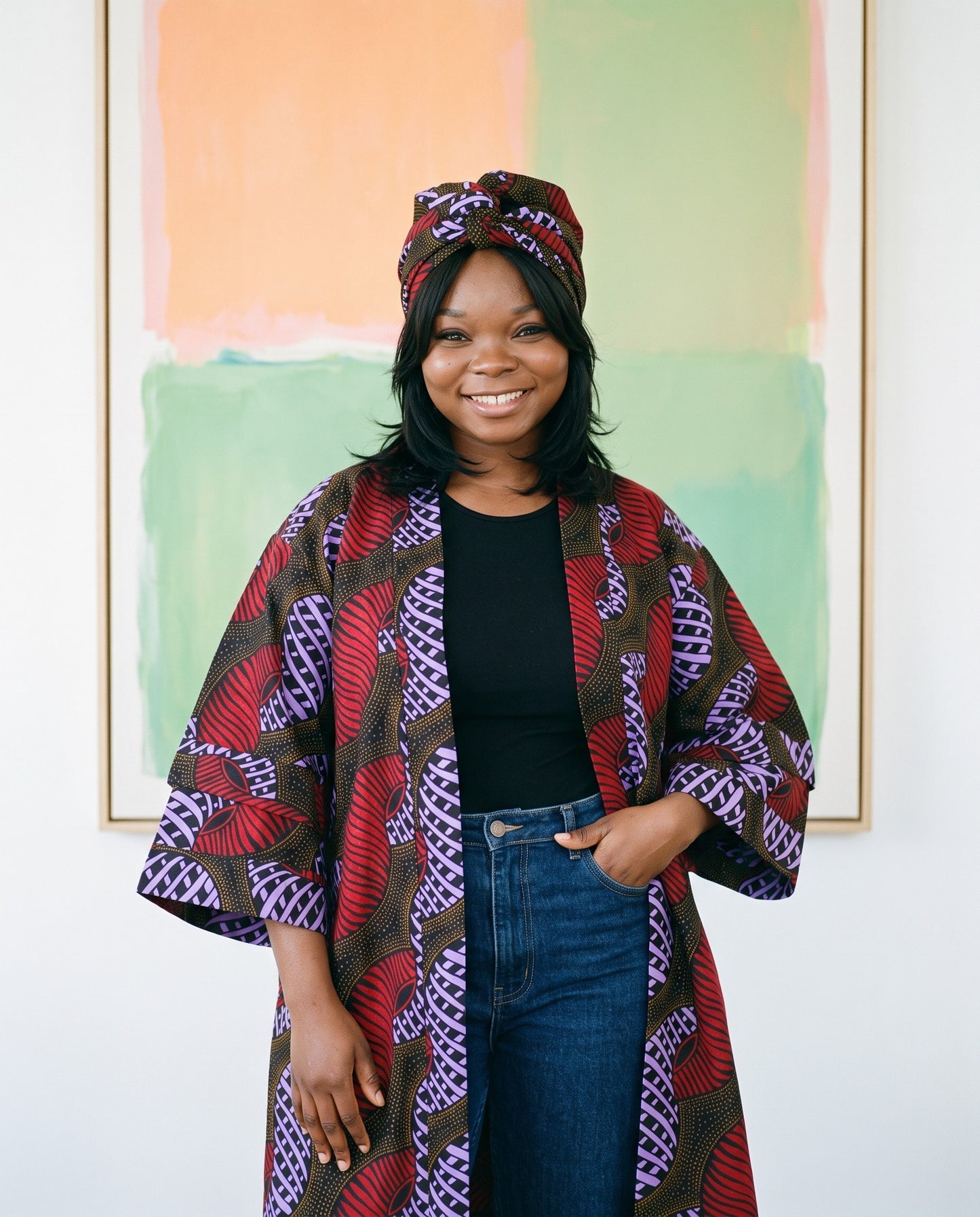 African Print Short Kimono Duster w/Matching Headwrap