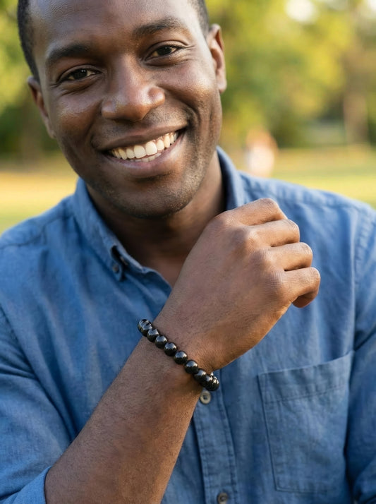 Men’s Off Black Wooden African Beaded Stretch Bracelet