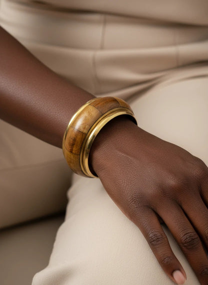 Gold-Tone and Natural Wood Statement Bangle