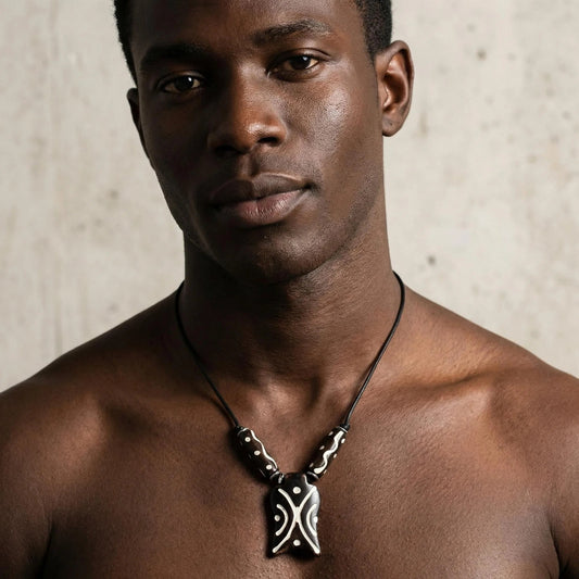 Men's Brown Bone Tribal Pattern Pendant Necklace