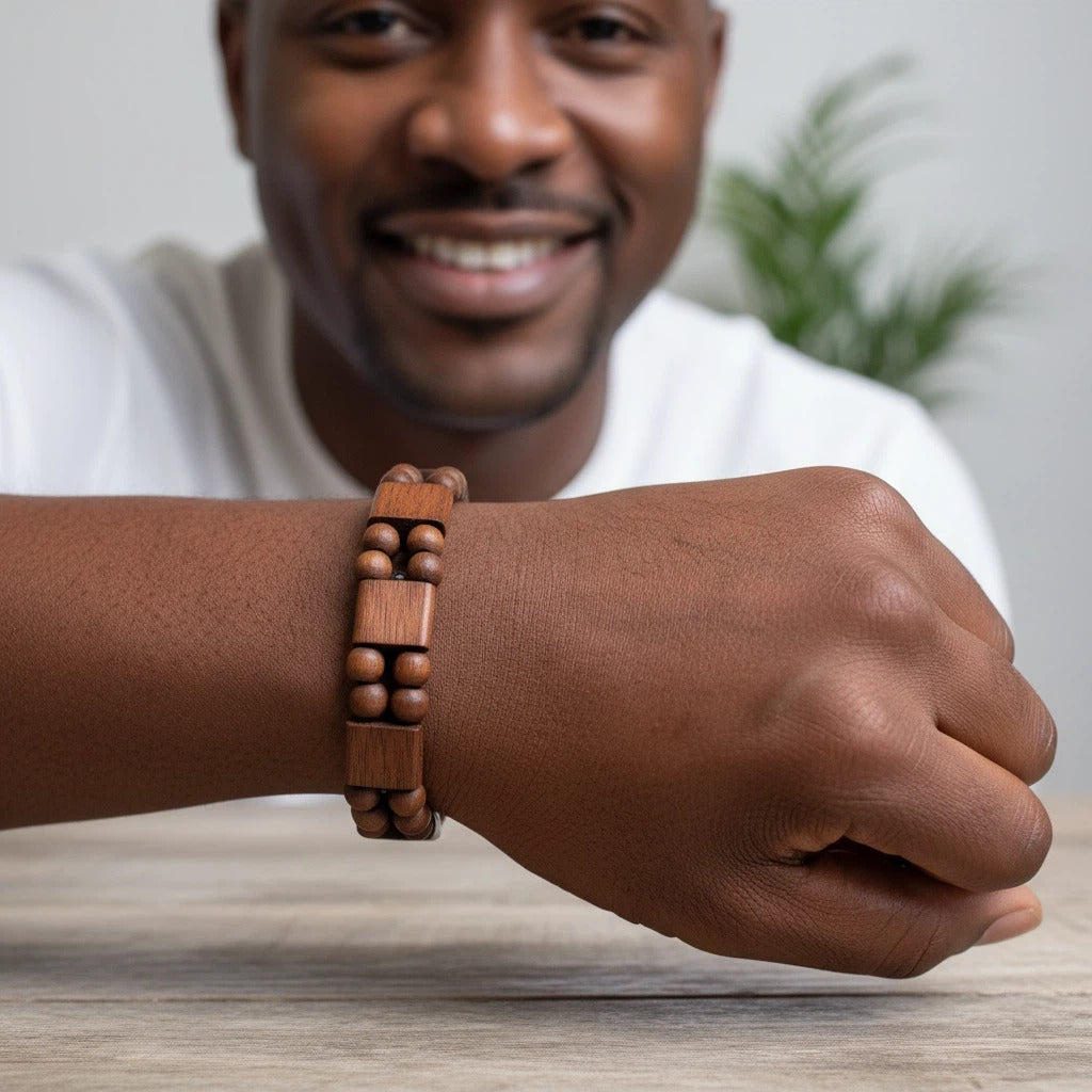 Men's Sacred Om Wooden Bead Stretch Bracelet