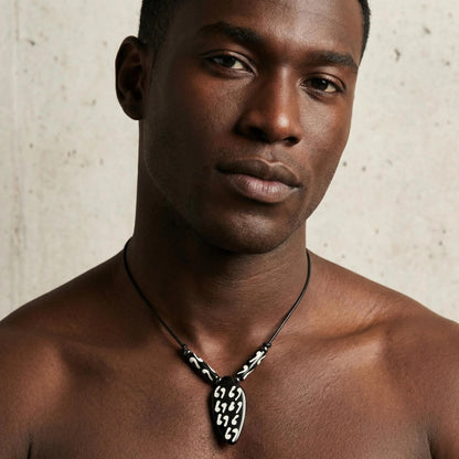 Men's Bone Oval Tribal Pattern Pendant Necklace