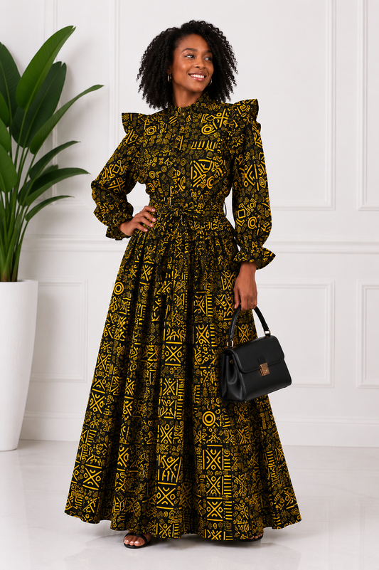 Black and Golden-Yellow Tribal-Inspired African Print Top and Maxi Skirt Set