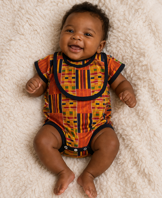 Kente1 Print Baby Romper Set – Onesie with Bib
