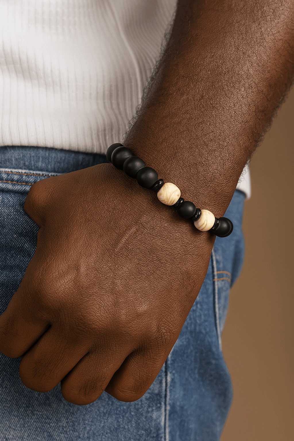 Men's African Glass Black/Ivory Bead Bracelet