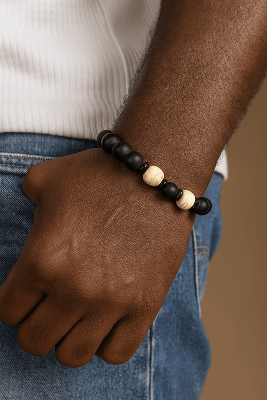 Men's African Glass Black/Ivory Bead Bracelet