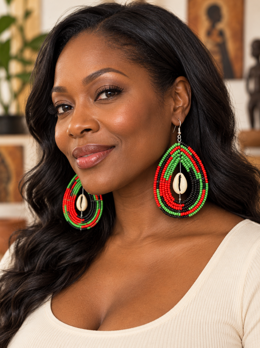 African Red, Green & Black Beaded Cowrie Shell Teardrop Earrings