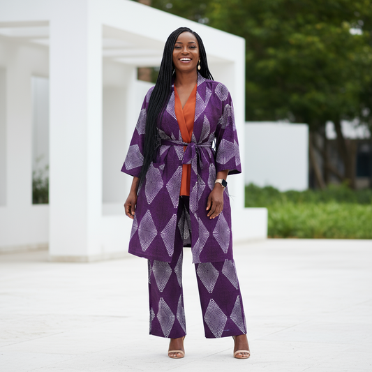 Women’s Purple and White African Print 3-Piece Pants Set