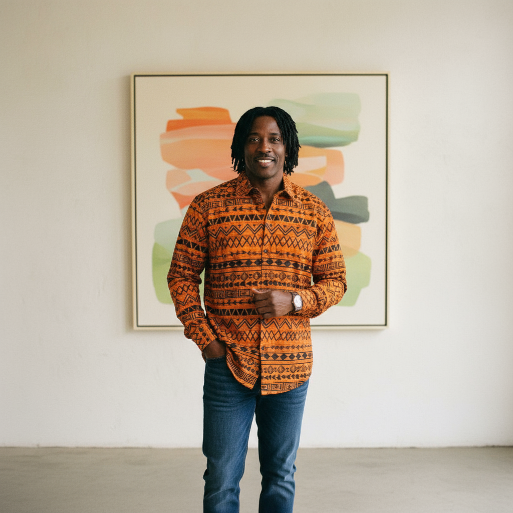 Man wearing an orange patterned shirt standing in front of abstract art on a wall.