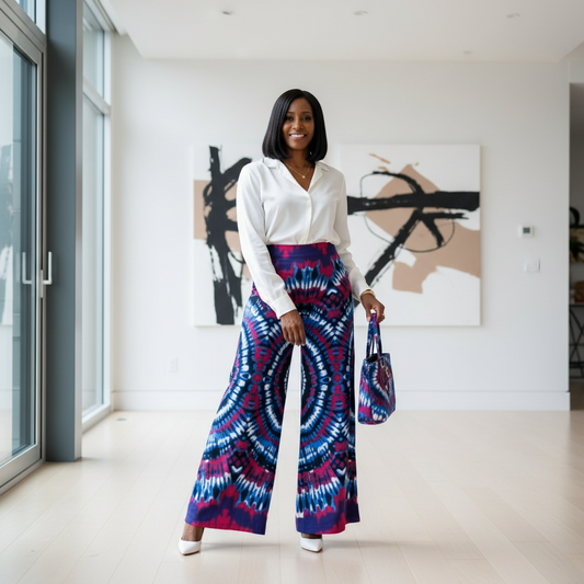 Woman wearing a white blouse and colorful tie-dye pants in a modern interior setting.