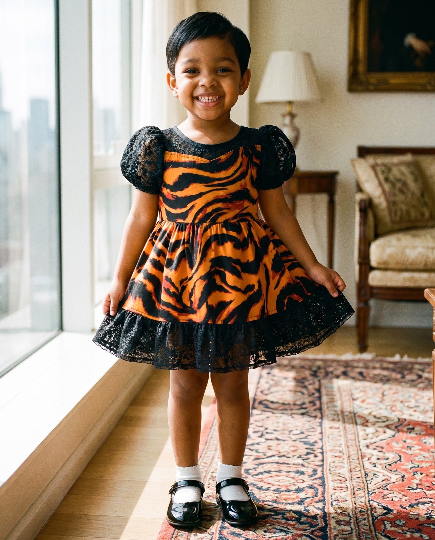 Girls Orange Tiger Puff Sleeve Tulle Overlay African Print Dress (Ages 2–12)