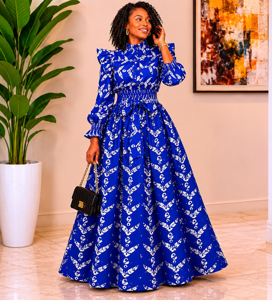 Royal Blue-White Abstract African Print Top and Maxi Skirt Set