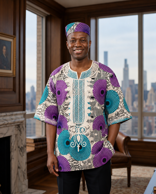 Men’s Purple & Teal African Print Dashiki Shirt