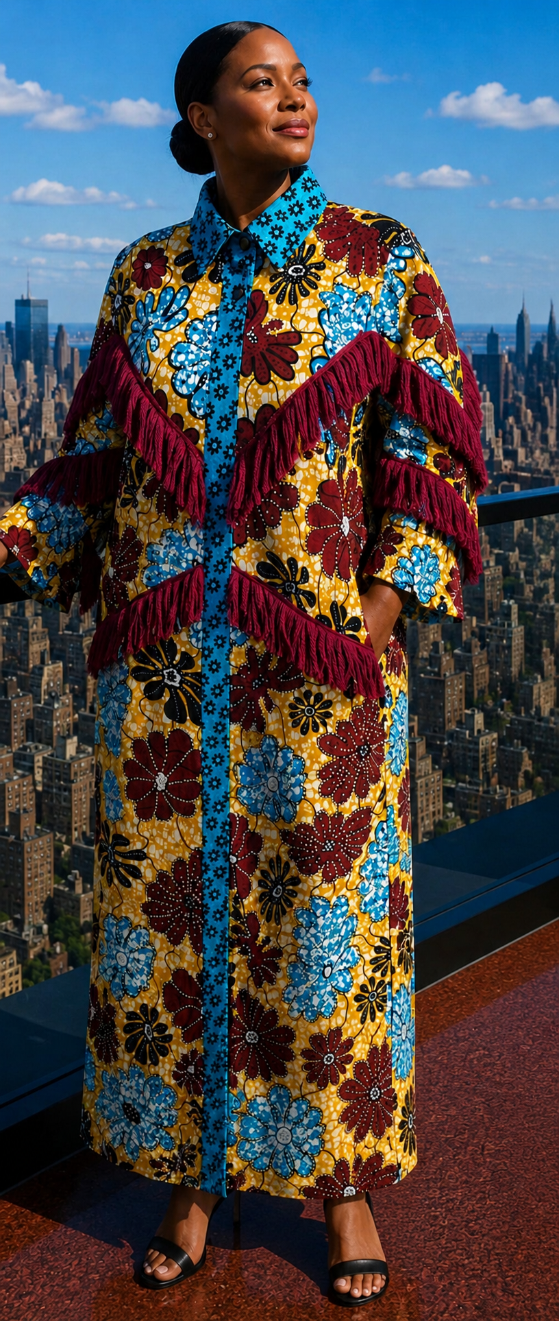Woman wearing a colorful patterned coat with a cityscape in the background