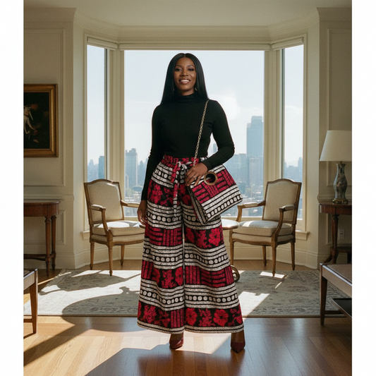 Woman in a stylish outfit standing in a room with large windows and cityscape view.