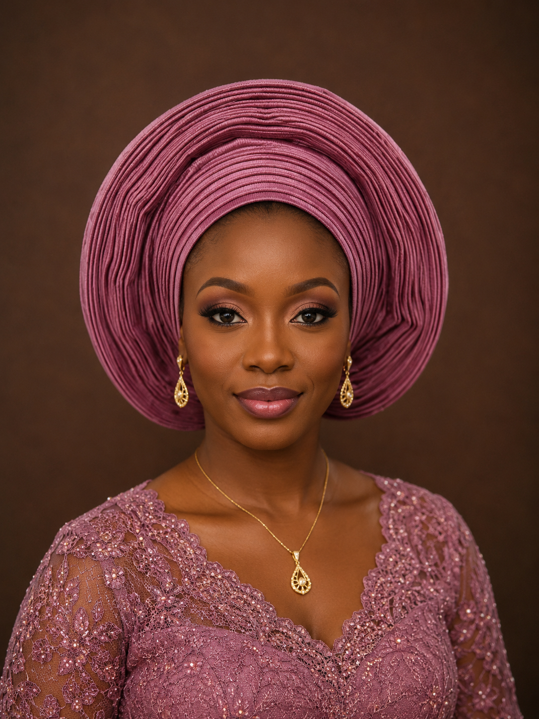 A woman wearing a voluminous pleated mauve headwrap and a matching embroidered lace top, styled with gold jewelry against a solid dark brown background.