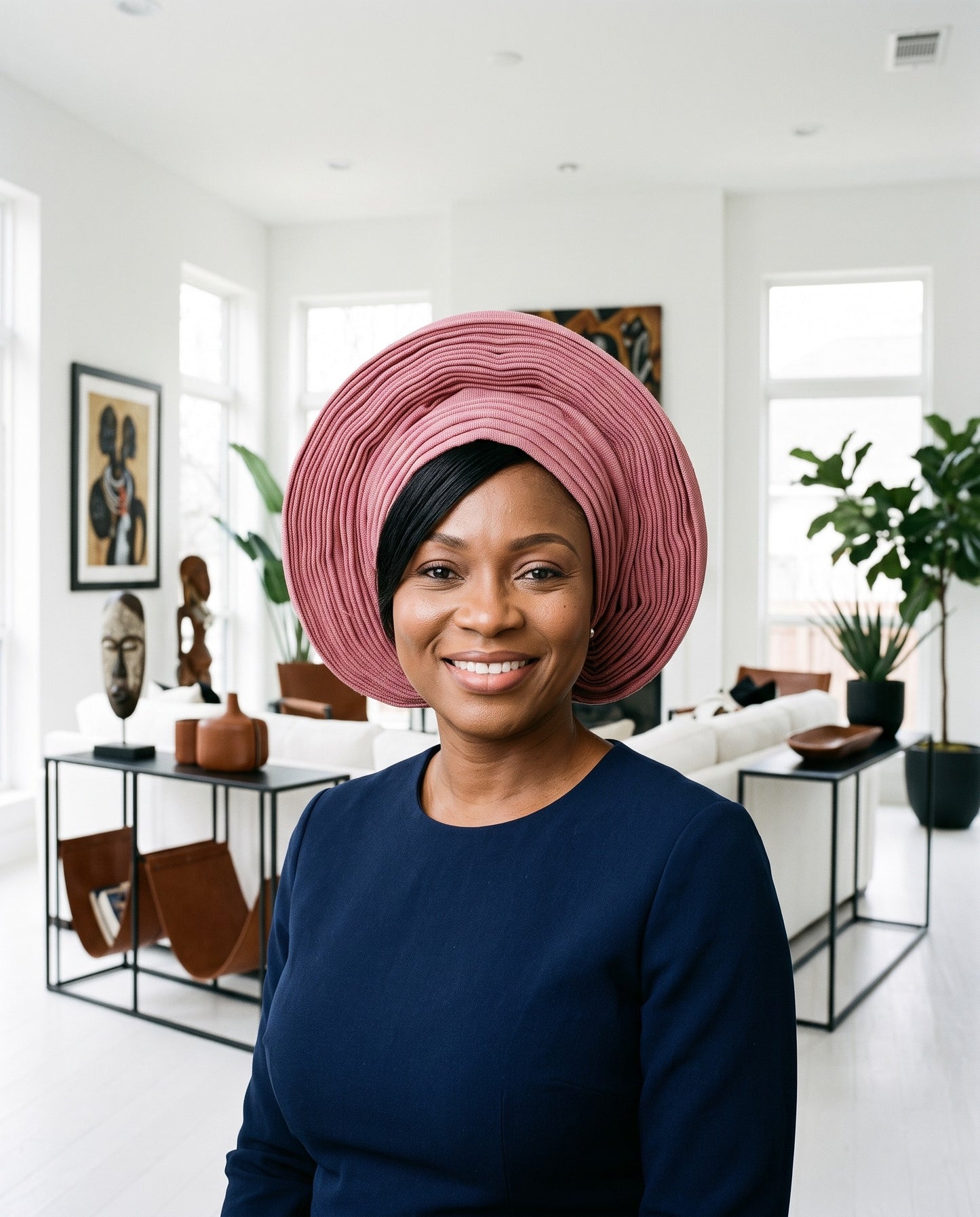 A smiling woman wearing a large pleated dusty pink headwrap and a navy blue long-sleeve top, standing in a bright, modern white living room with plants and minimalist furniture.