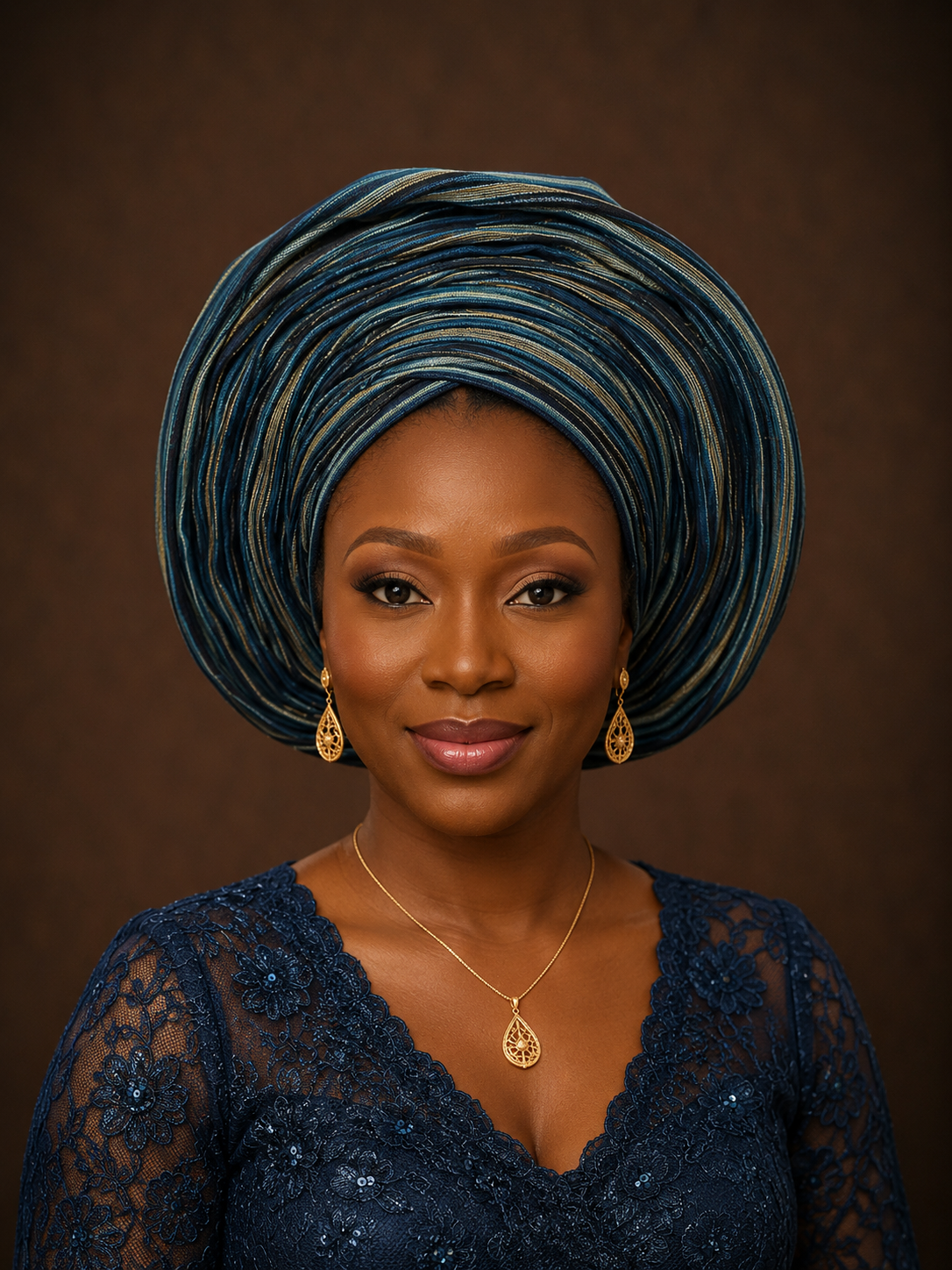 A woman wearing an elegant dark blue and gold striped gele headwrap, a navy lace top, gold earrings, and a gold teardrop pendant necklace, set against a solid dark brown background.