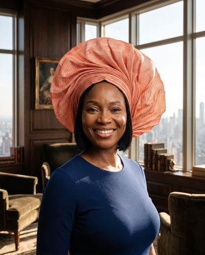 A smiling woman with short black hair wears a large pleated peach-pink headwrap and a navy blue long-sleeve top, standing in a sunlit room with wood-paneled walls and large windows overlooking a city skyline.