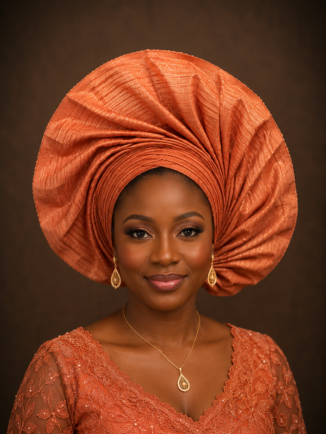A woman wearing a large, textured terracotta orange gele headwrap and a matching lace top, accessorized with gold earrings and a necklace, set against a dark brown studio background.