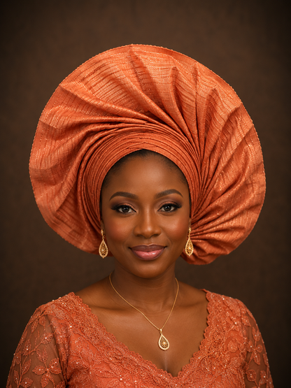 A woman wearing a large, textured terracotta orange gele headwrap and a matching lace top, accessorized with gold earrings and a necklace, set against a dark brown studio background.