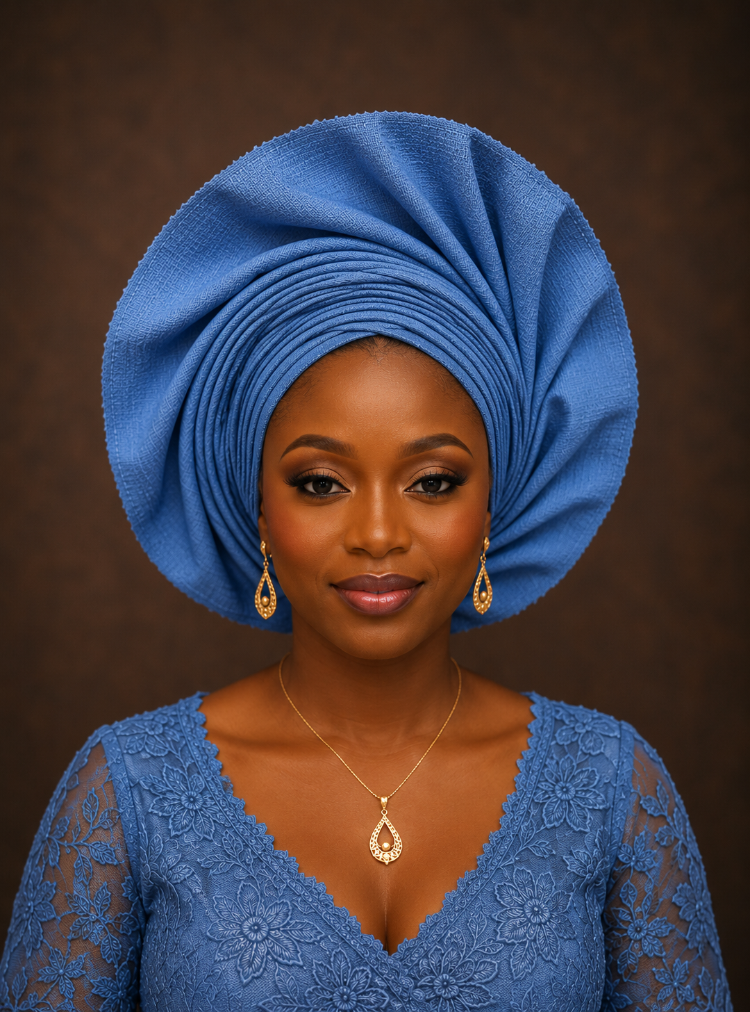 A woman wearing a large blue fabric headwrap and a matching blue lace top, with gold jewelry, against a dark brown studio background.