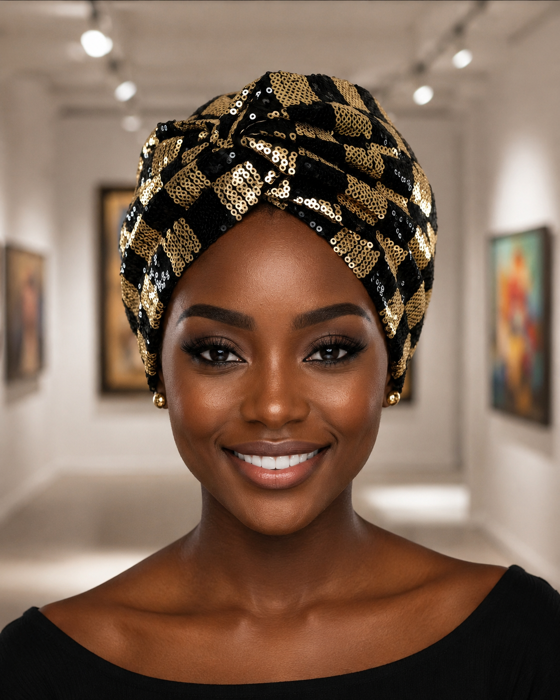 A smiling woman wearing a black and gold sequined checkered headwrap turban, photographed in a brightly lit art gallery hallway.