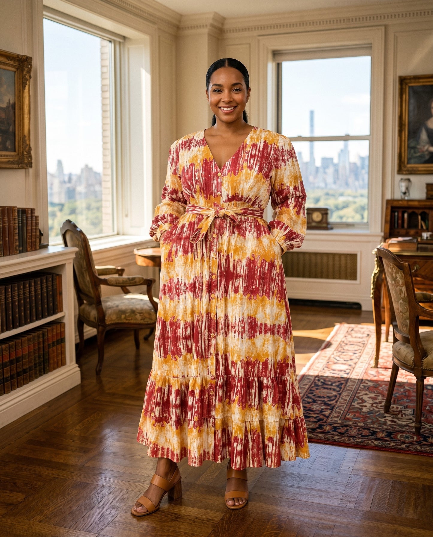 Women's African Print Maxi Dress – Burgundy, Gold & Ivory