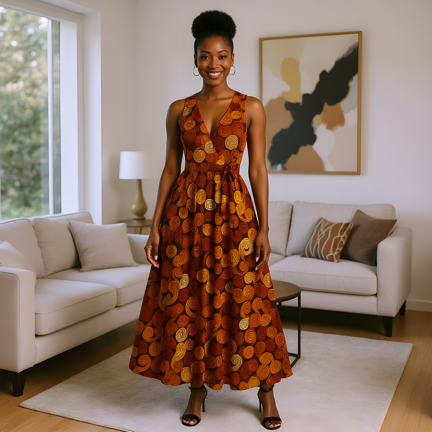 Woman in a patterned dress standing in a living room with white sofas and abstract art on the wall.
