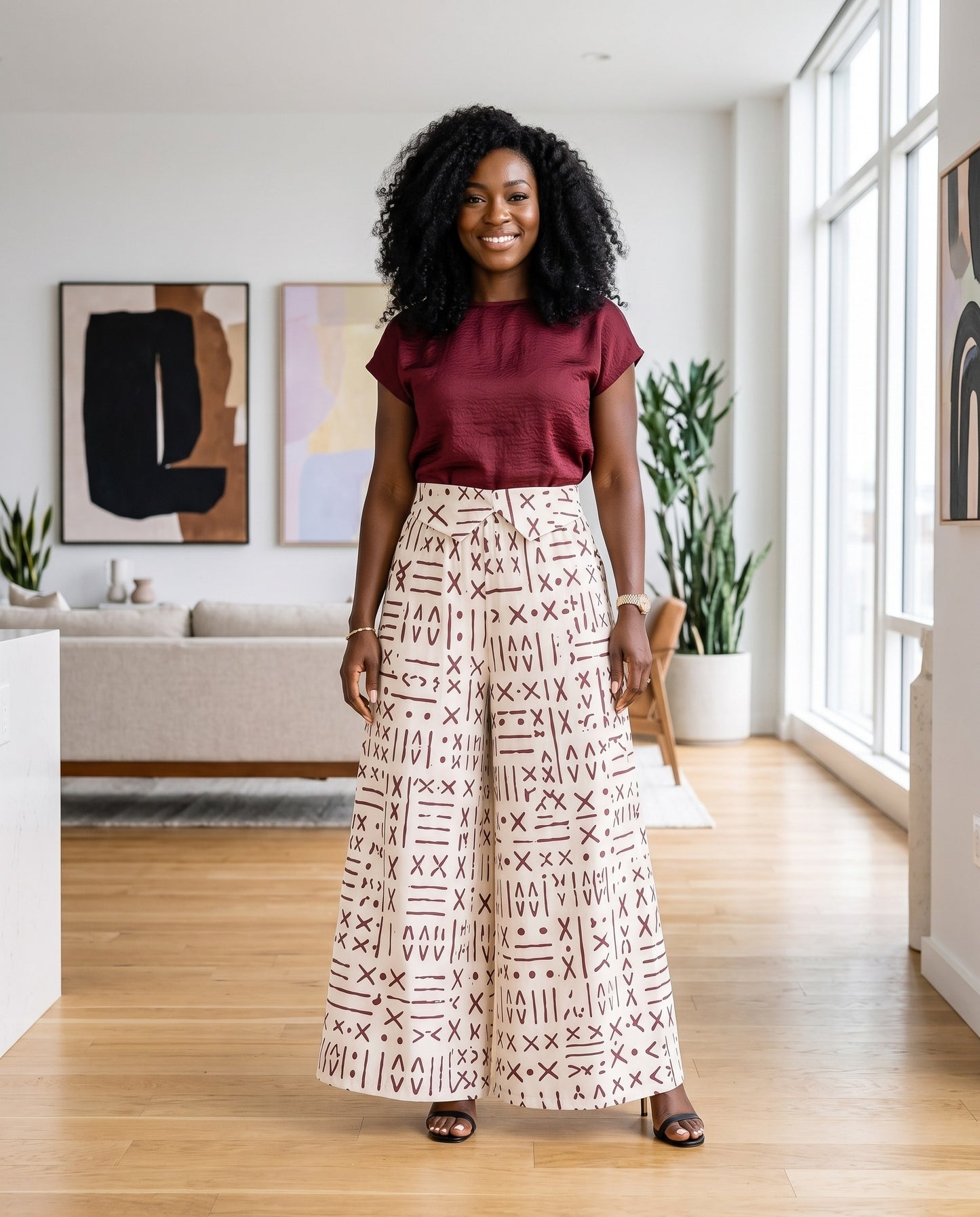 White & Burgundy African Print Wide-Leg Palazzo Pants