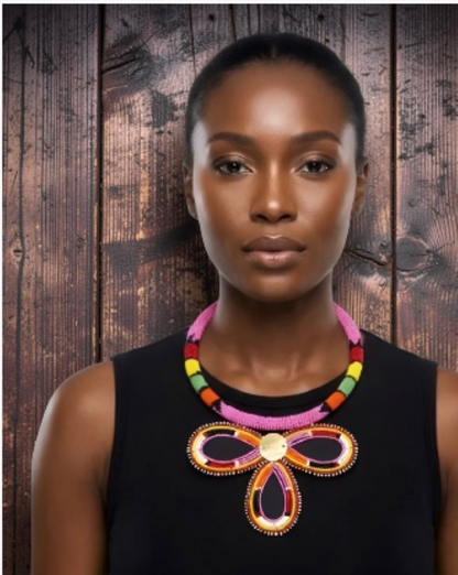 A woman wearing a colorful beaded necklace with a large bow-shaped pendant, set against a dark rustic wooden plank background.