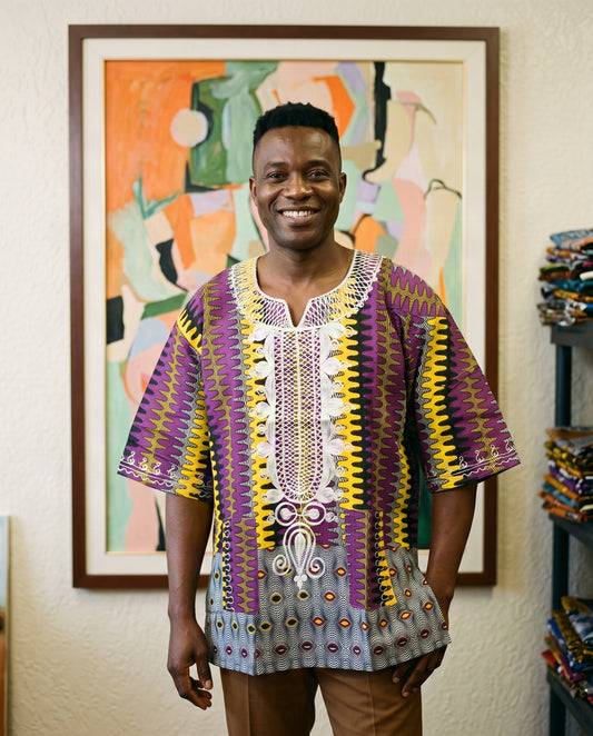 Men’s Purple African Print Embroidered Dashiki
