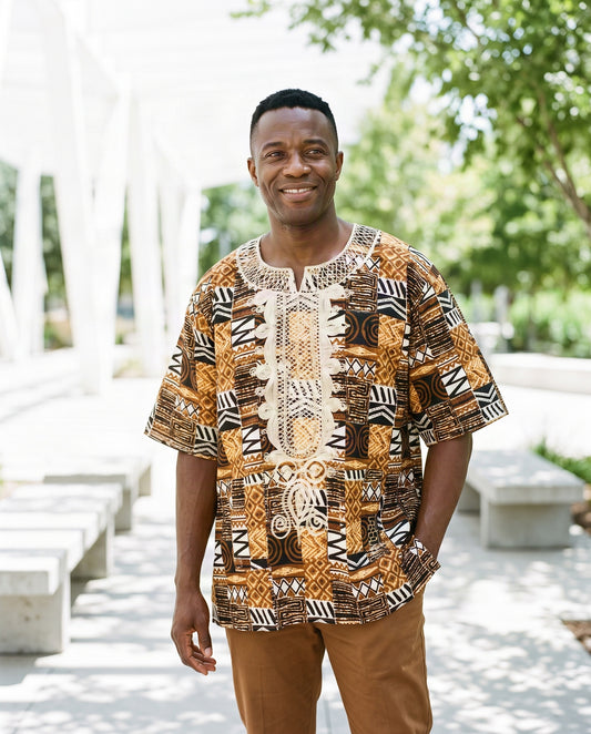 Men’s Brown African Print Embroidered Dashiki