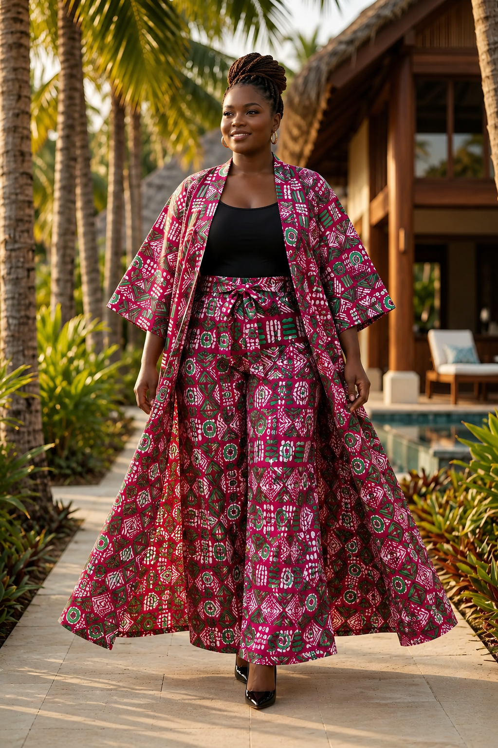 Woman in a pink and red patterned outfit standing outdoors with palm trees and a building in the background.
