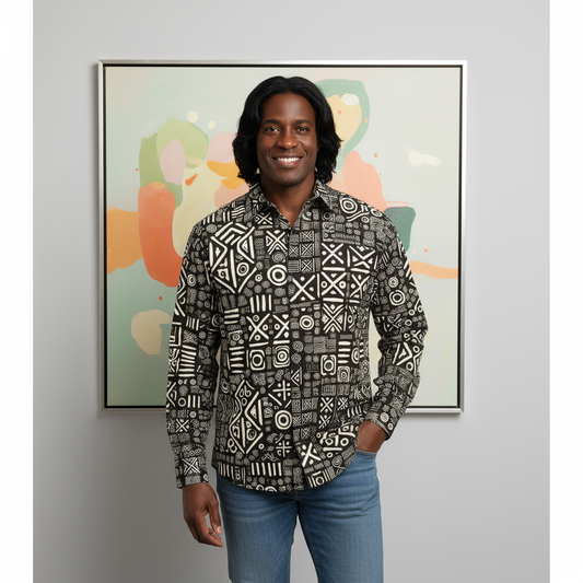 Man wearing a patterned shirt standing in front of abstract art