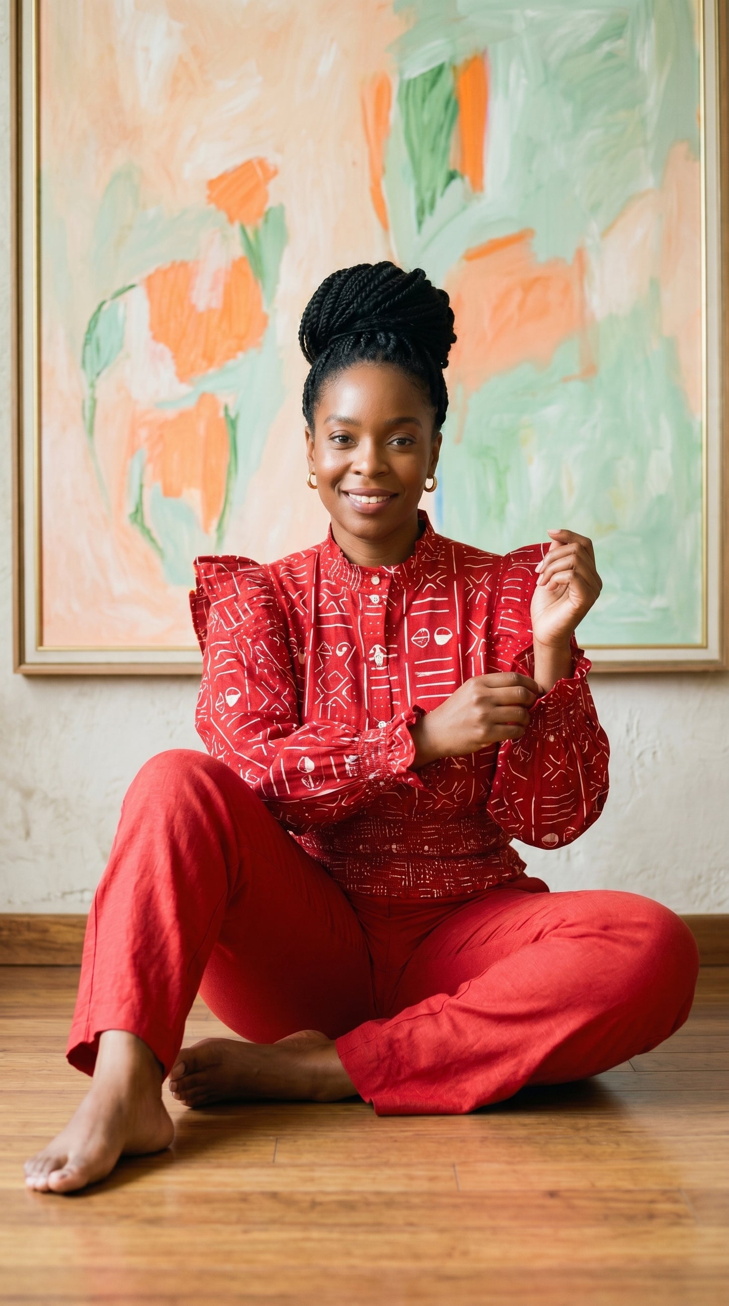 Woman in a red outfit sitting on the floor in front of a colorful abstract painting.