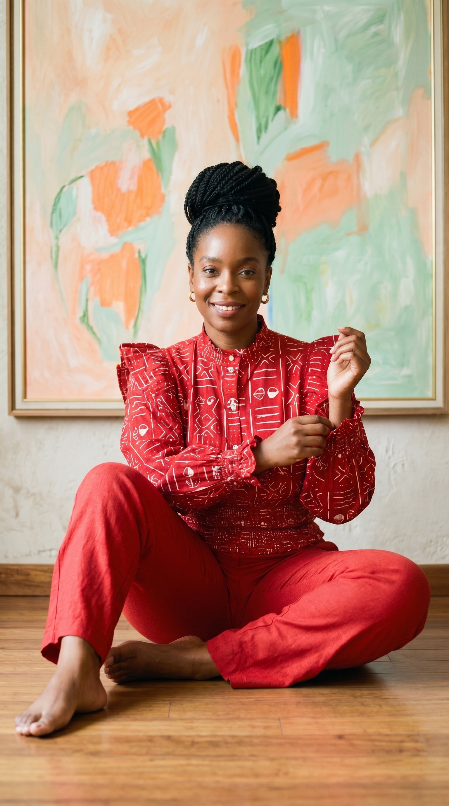 Woman in a red outfit sitting on the floor in front of a colorful abstract painting.
